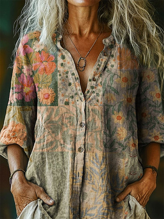 Women's Vintage Floral Patchwork Pattern Art Print Casual Cotton Linen