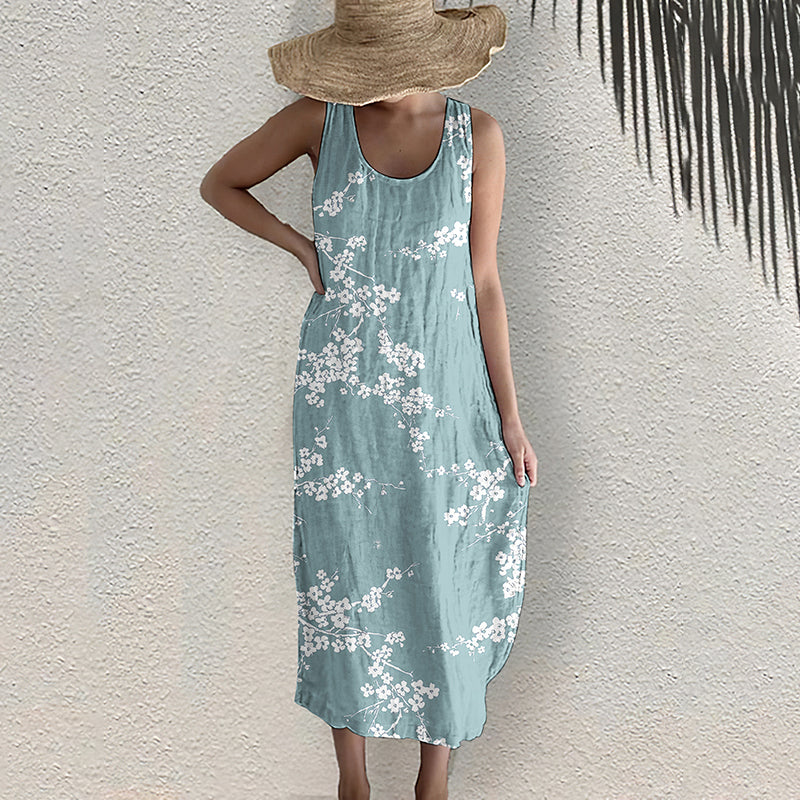 Comstylish Cherry Blossom Japanese Print Sleeveless Linen Blend Midi Dress