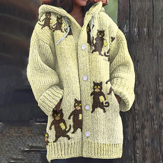 Retro Black Cat Print Women'S Sweater Cardigan elevenforest