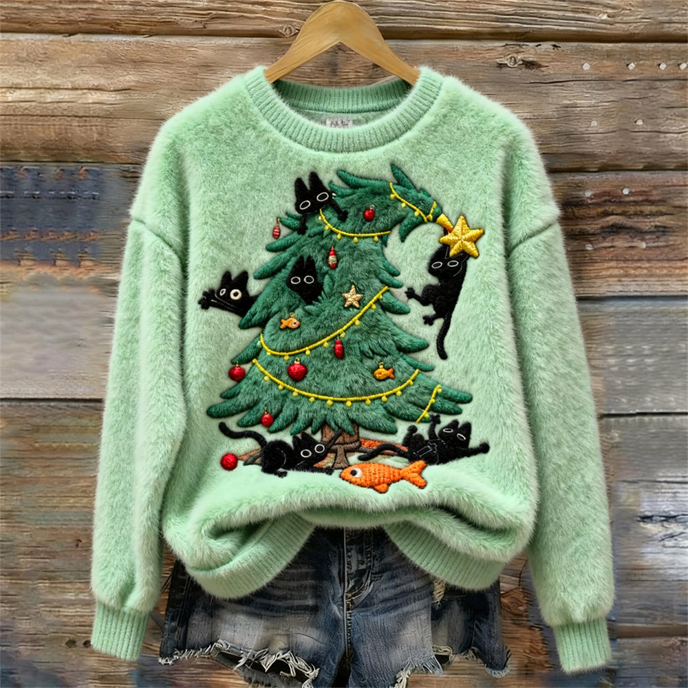 Christmas Tree Playful Cats Women's Cozy Plush Sweater