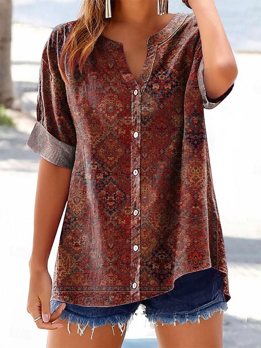 Women's Vintage Ethnic Floral Art Print Casual Cotton And Linen Shirt