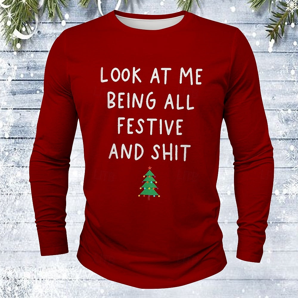 Comstylish Men's Christmas Print Crew Neck Long Sleeve Casual T-shirt