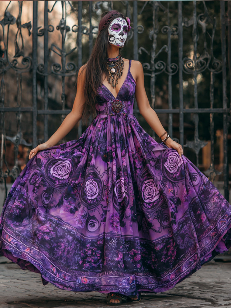 Ladies' Halloween Skull And Rose Vintage-style Long Dress With Straps artswardrobe