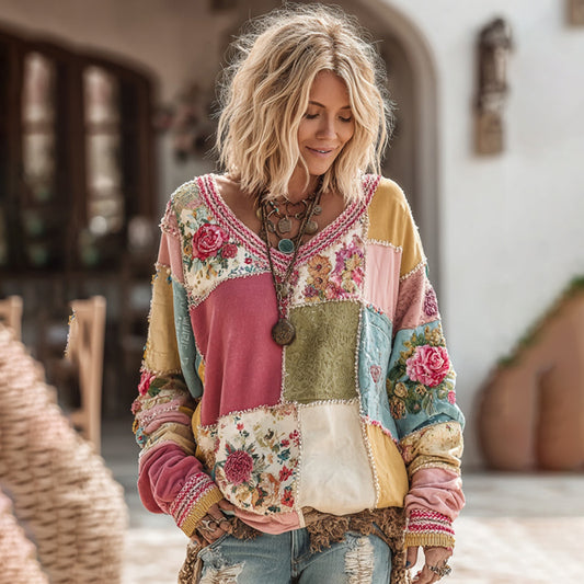 Women's Vintage Rose Floral Patchwork Art Cozy Warm Sweatshirt