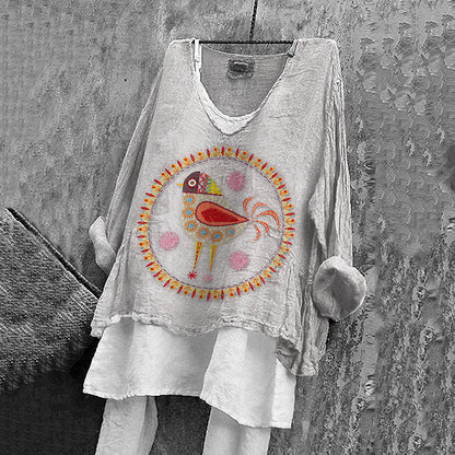 Women's Floral And Bird Art Print Cotton And Linen Shirt artswardrobe