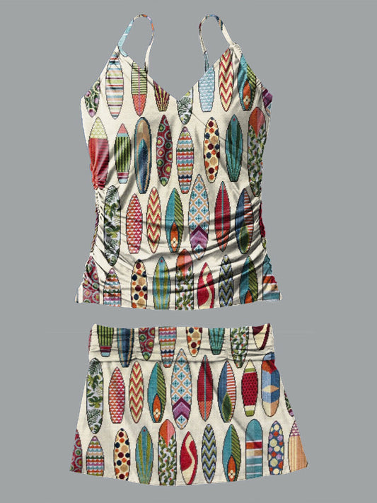 V-Neck Vacation Summer Multicolor Surfboard Art Print Suspender Skirt Tankini Pantskirt Set Swimsuit