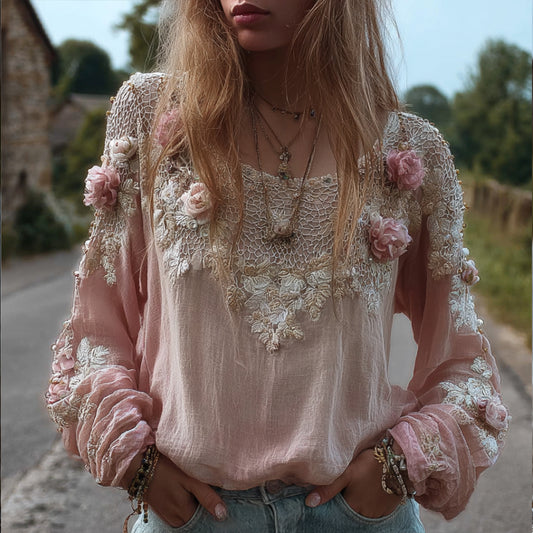 Comstylish Women's Three-dimensional Flower Pattern Light Pink Vintage Casual Long-sleeved Top