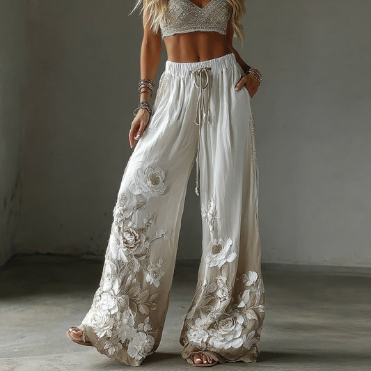 Women's Retro Floral Embroidery Art Gradient Casual Linen Pants