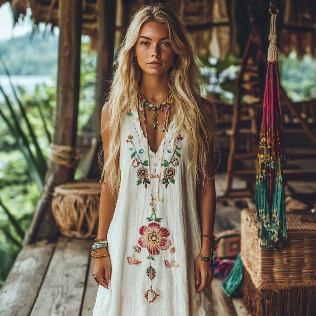 Boho Floral Embroidery Tassel Art Sleeveless Cozy Linen Madi Dress artswardrobe