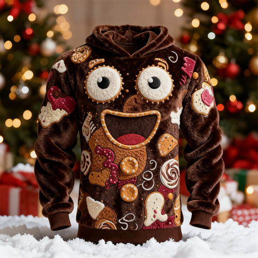 Comstylish Christmas Jolly Cookie Embroidered Men's Flannel Hoodie