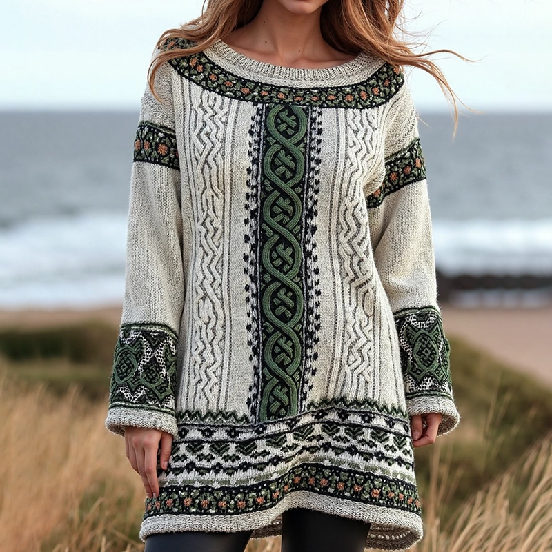 Women's Irish Celtic Knotted Floral Jacquard Crew Neck Sweater Dress artswardrobe