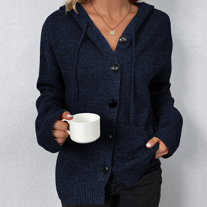 Solid Color Single Breasted Hooded Drawstring Sweater Cardigan elevenforest