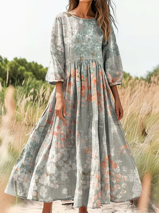 Women's Vintage Ethnic Floral Art Print Flowy Cotton Crew Neck Dress