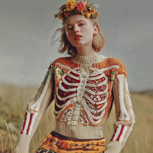 Halloween Human Anatomy Embroidery Flower Knitted Sweater artswardrobe