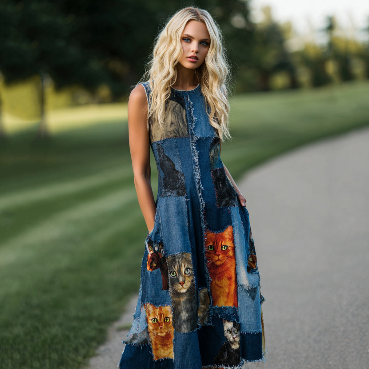 Comstylish Women's Patchwork Cat Design Midi Dress