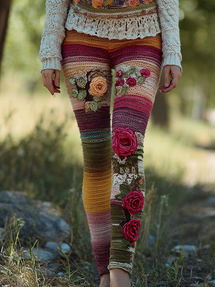 Comstylish Retro Bohemia Flower Crochet Striped Cozy Knit Leggings