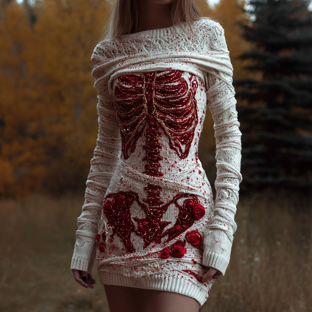 Comstylish Vintage Bloody Skeleton Anatomy Roses Bandages Sweater Dress