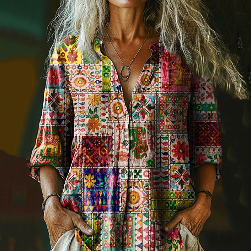 Comstylish Women's Vintage Bohemian Floral Print Casual Cotton And Linen Shirt