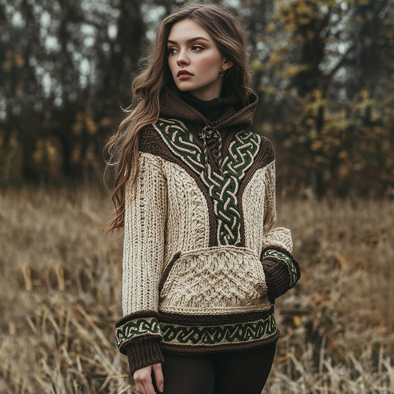 Women's Irish Celtic Contrasting Cord Jacquard Hooded Sweater artswardrobe
