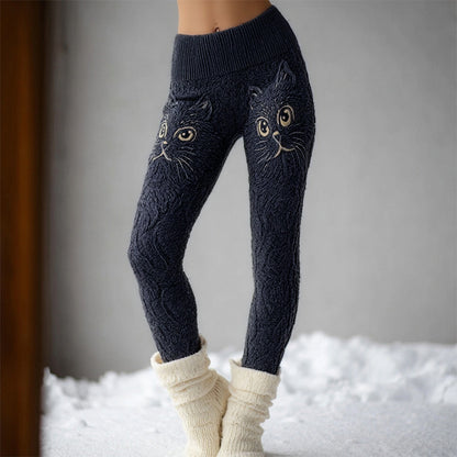 Cute Cat Face Embroidered Comfy Knit Leggings elevenforest