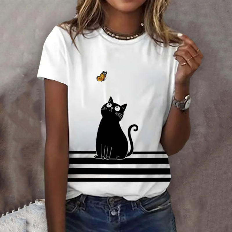 Abstract Creative Cute Black Cat Play With Butterfly Art Print Cotton Graphic T-shirt elevenforest