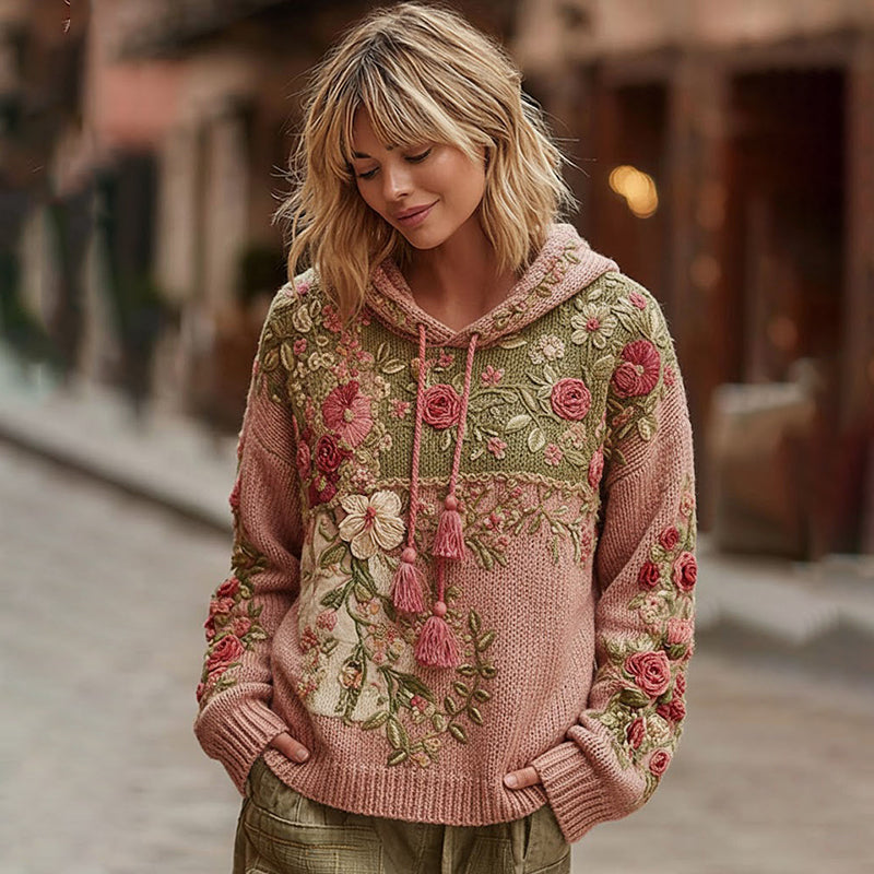 Women's Vintage Rose Floral Patchwork Cozy Knit Sweater Hooded