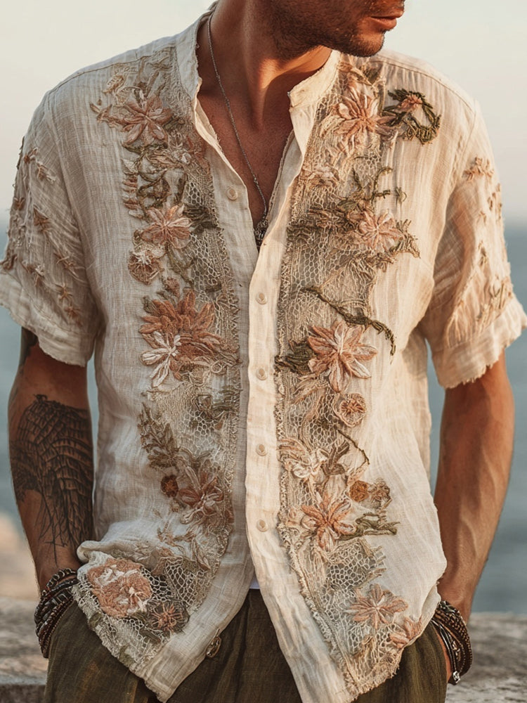Boho Floral Lace Embroidered Men's Linen Short Sleeve Shirt artswardrobe