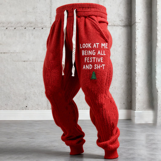 Comstylish Men's Funny Slogan Wool Knitting Casual Pants
