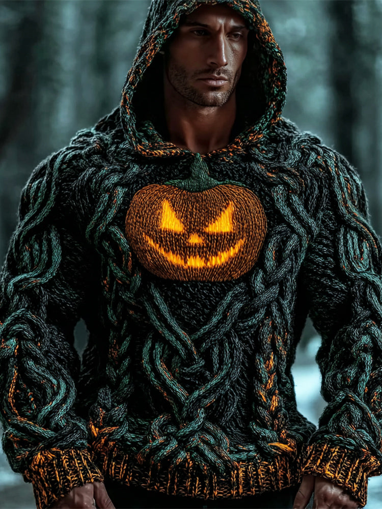 Viking Halloween Pumpkin Lights Men's Chunky Knit Twist Hooded Sweater artswardrobe
