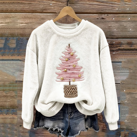 Pink Christmas Tree Embroidered Cozy Plush Sweatshirt