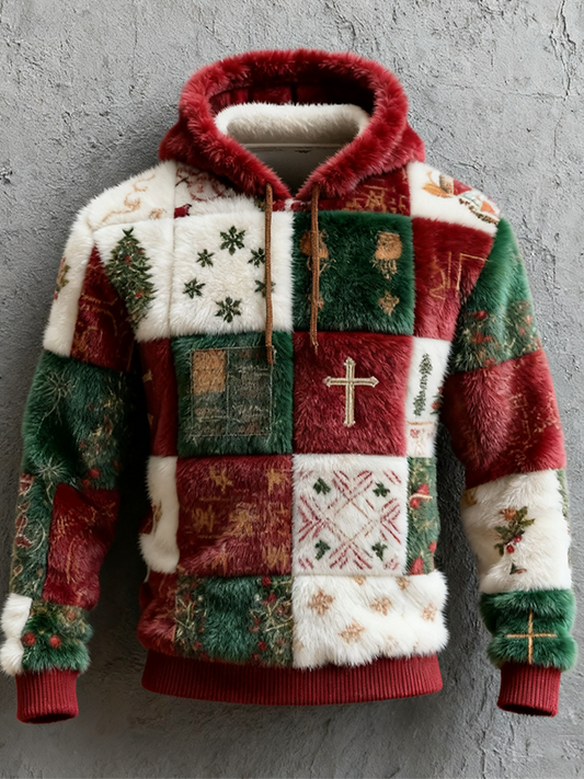 Comstylish Christmas Retro Element Patch Design Men's Hooded Flannel Sweatshirt