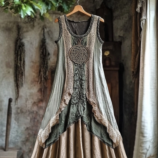 Tribal Celtic Knot Plant Embroidery Lace Patchwork Art Linen Tank Dress artswardrobe