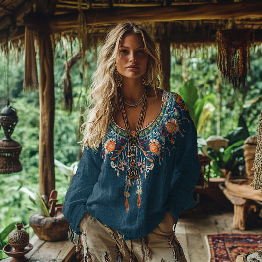 Comstylish Vintage Bohemian Floral Embroidery Linen Blend Shirt