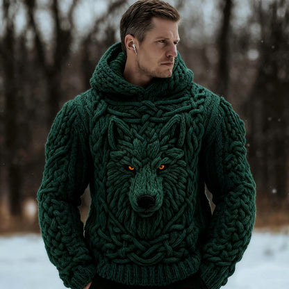 Men's Viking Celtic Wolf Knit Chunky Hooded Sweater artswardrobe