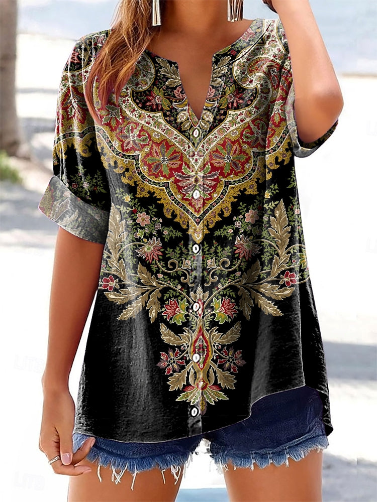 Women's Vintage Ethnic Floral Art Print Casual Cotton and Linen Shirt