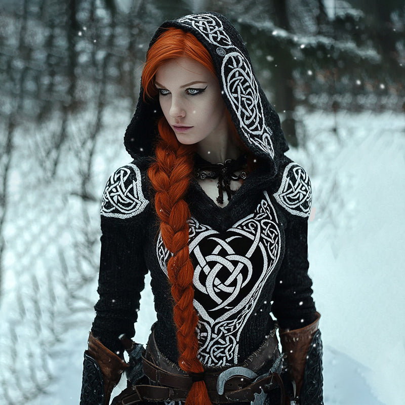 Viking Runes Inspired Celtic Knot Jacquard Hooded Sweater（accessories Not Included） elevenforest
