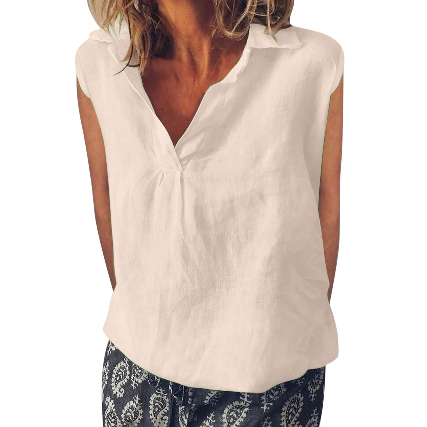 Comstylish Vintage Solid Color V Neck Cotton Linen Comfy Shirt