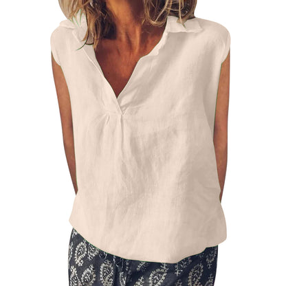 Comstylish Vintage Solid Color V Neck Cotton Linen Comfy Shirt