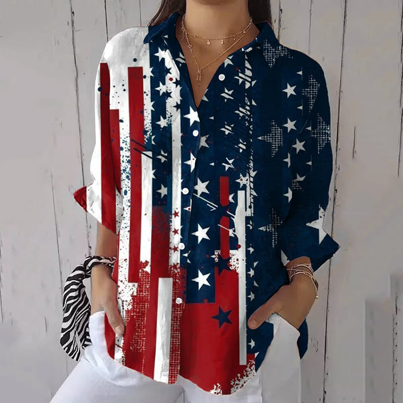 Comstylish Women's Retro Independence Day Print Casual Shirt