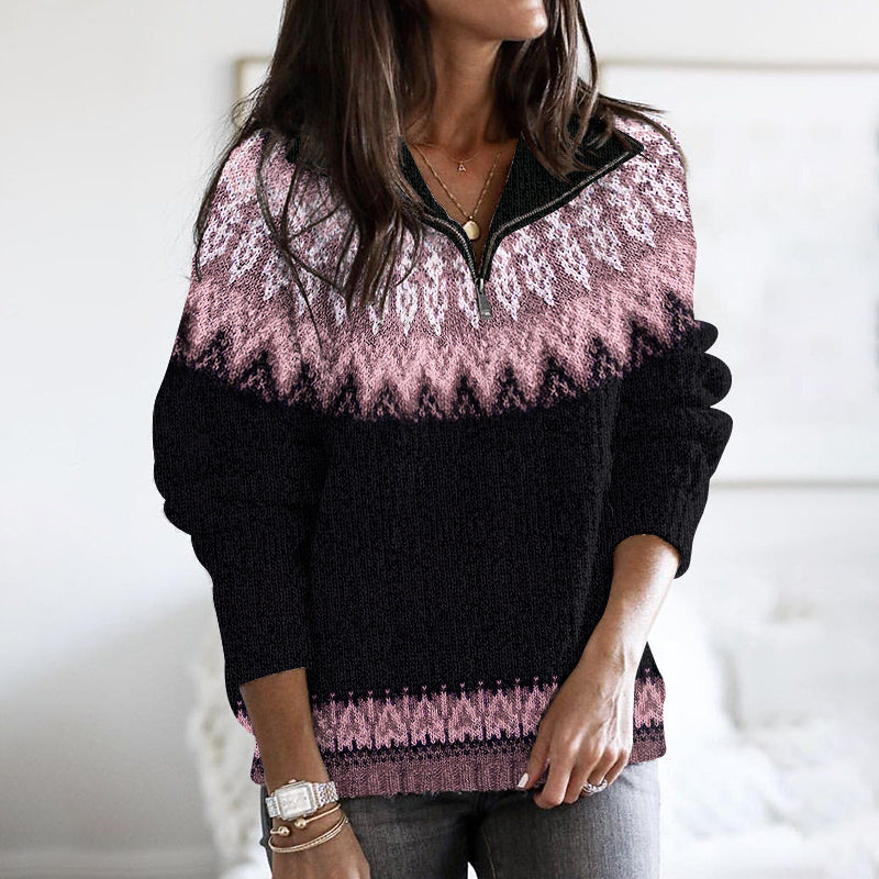 Vintage Tribal Icelandic Pattern Stand Collar Zip Sweater elevenforest