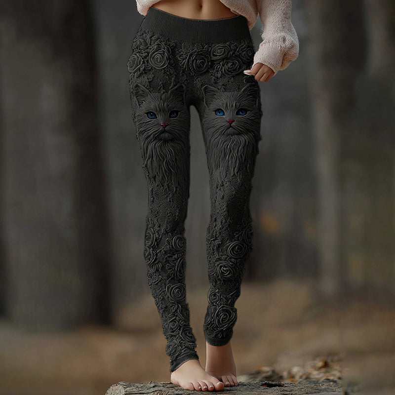 Comstylish Vintage Cute Cat Face With Roses Art Embroidered Cozy Knit Leggings