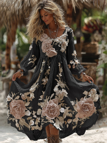 Women's Vintage Romantic White Rose Embroidery Art Comfy Linen Maxi Dress artswardrobe