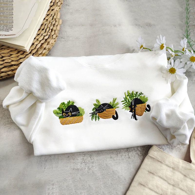 Cute Black Cat And Plants Embroidered Art Print Crew Neck Casual Sweatshirt elevenforest