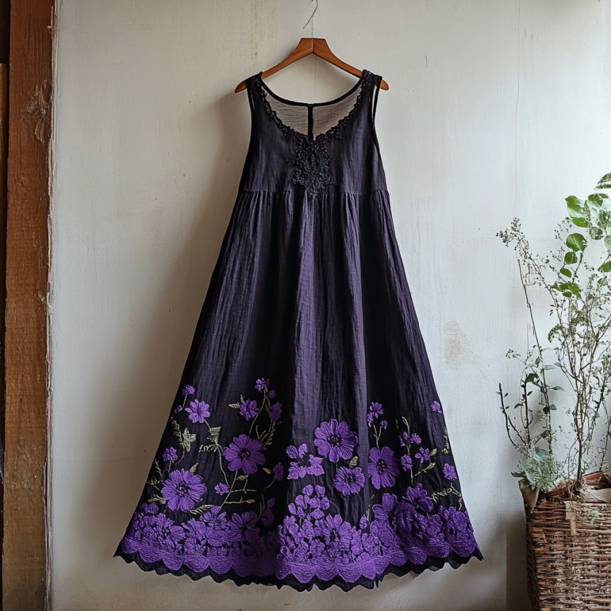 Vintage Bohemian Floral Embroidery Art Linen Sleeveless Maxi Dress artswardrobe