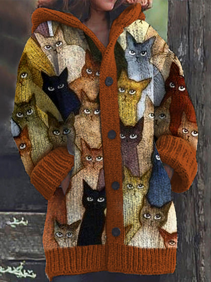Colorful Cats Pattern Cozy Hooded Cardigan elevenforest