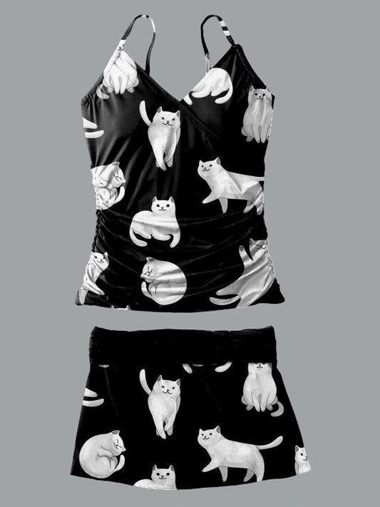 V-Neck Vintage Cat Art Print Suspender Skirt Tankini Pantskirt Set Swimsuit