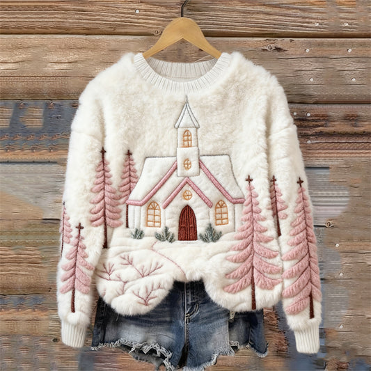 Christmas Snowy Church Forest Landscape Embroidered Cozy Plush Sweatshirt