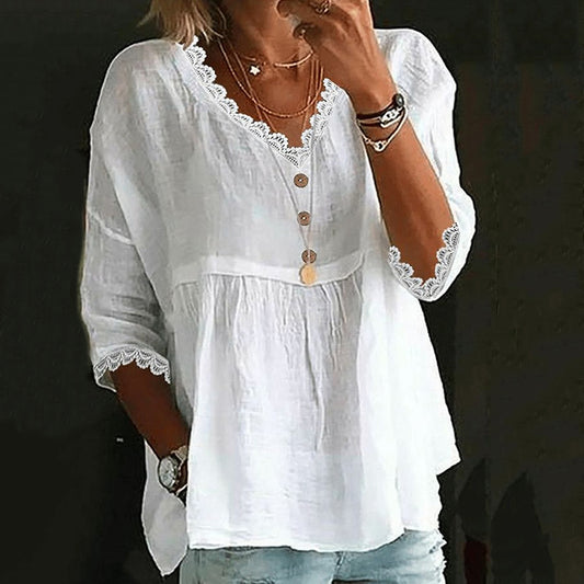 Women's Vintage Casual Lace Cotton And Linen V-neck T-shirt artswardrobe