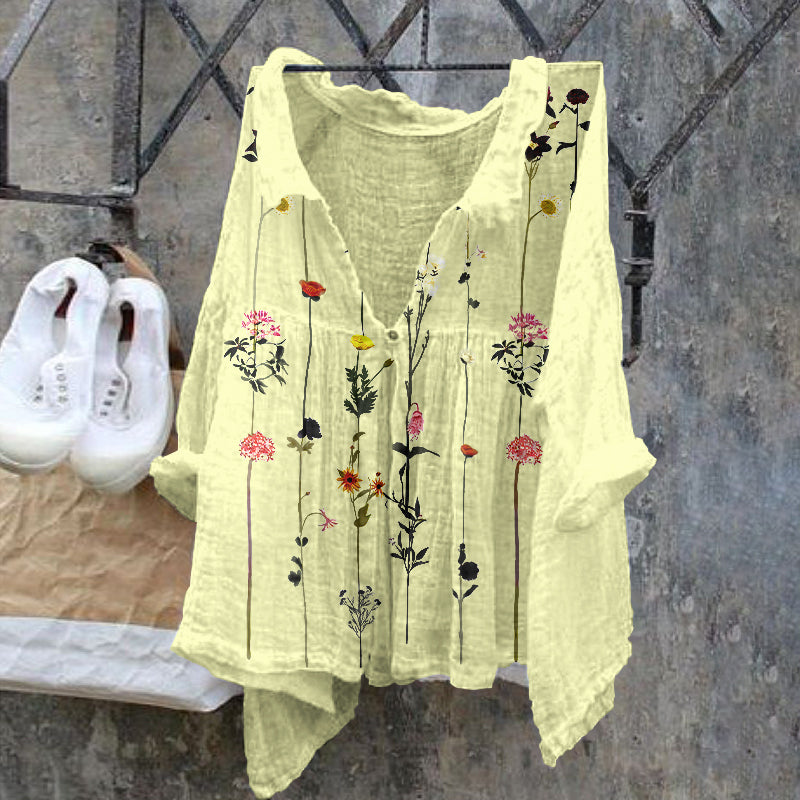 Comstylish Floral Pattern Ladies Casual Floral Print Cotton Linen  Shirt
