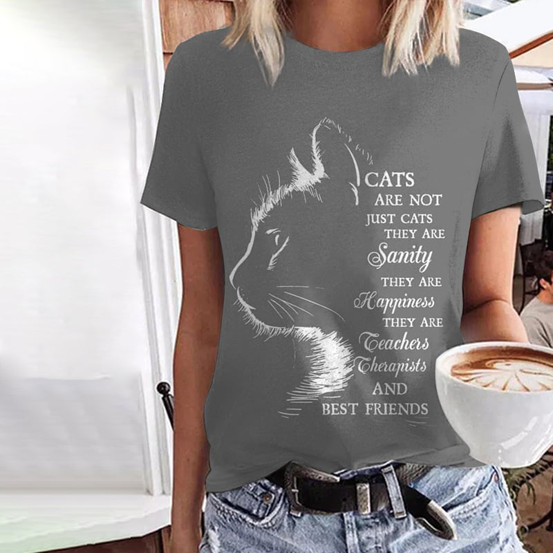 Cat Print Round Neck Short Sleeve Casual T-Shirt elevenforest